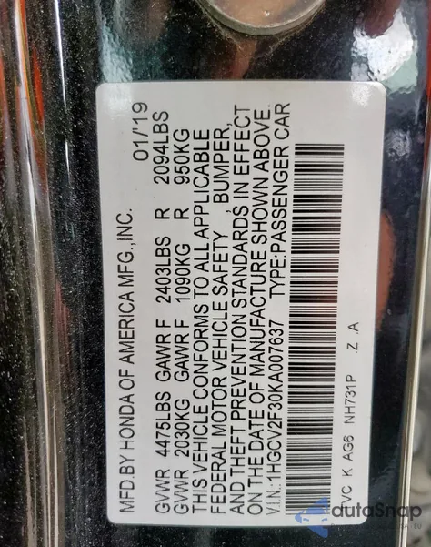 2019 Honda Accord Sport from USA, damaged, VIN 1HGCV2F30KA007637